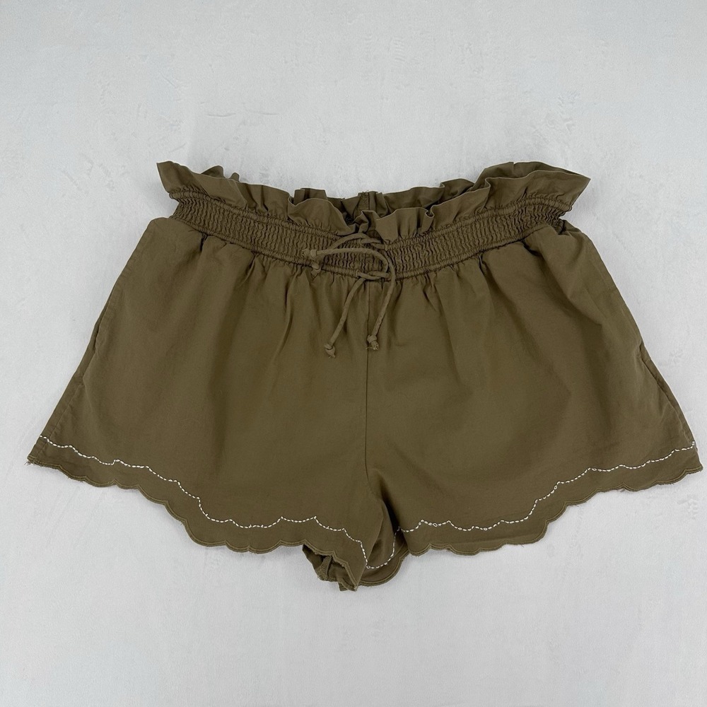 Anthropologie Scallop-Hem Shorts Size Medium Green Elastic Waist Pull On Cotton - Picture 1 of 10
